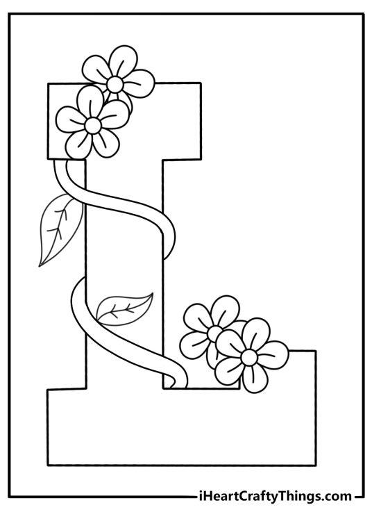Fancy letter L coloring pages with floral vines inside the letter
