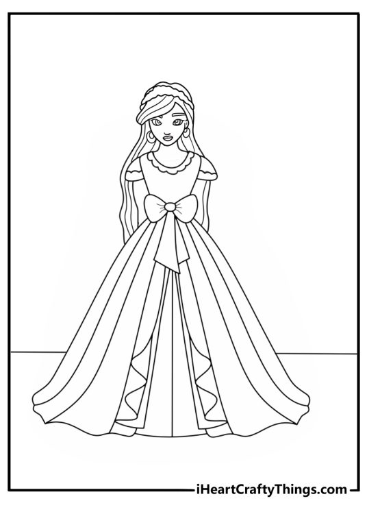 Fashion doll in long evening gown detailed coloring sheet for adults