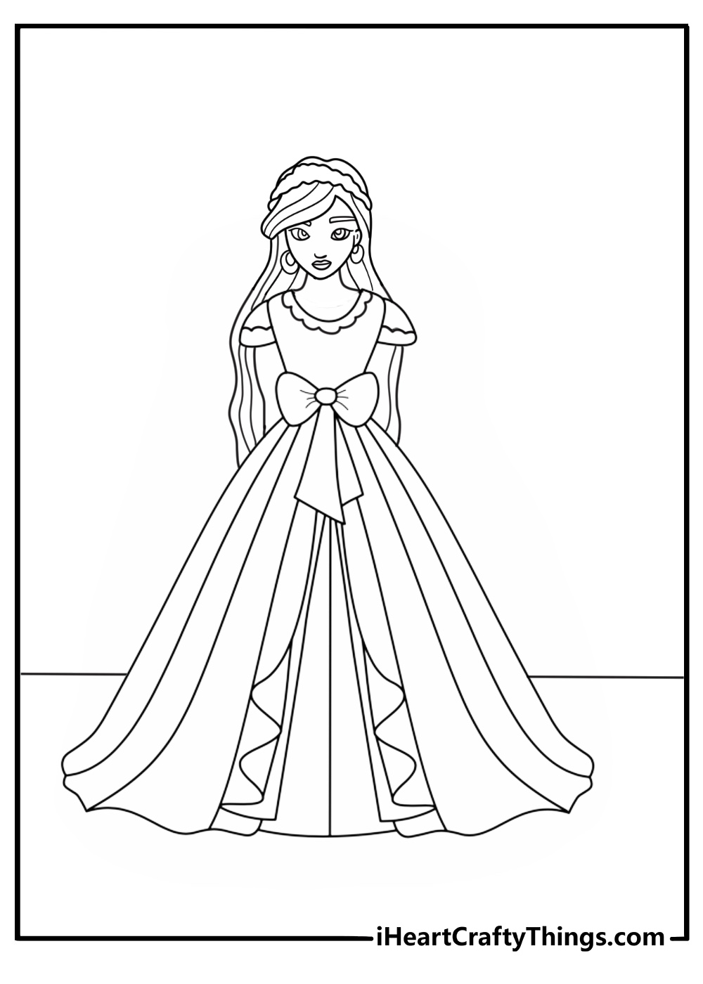 Fashion doll in long evening gown detailed coloring sheet for adults