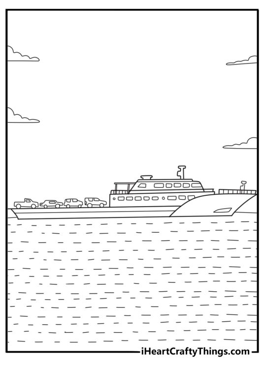 Ferry boat coloring page carrying cars between two piers
