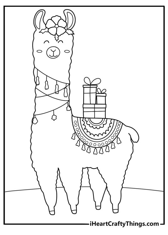 Festive llama coloring sheet with woven blanket tassels and Andean patterns