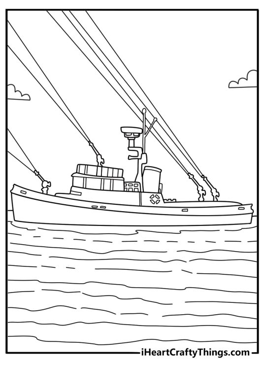 Fire boat spraying water from deck cannons fun coloring sheet