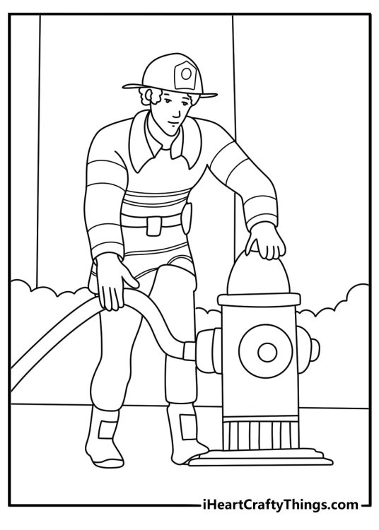 Fire department fire truck coloring pages with crew connecting hose to hydrant