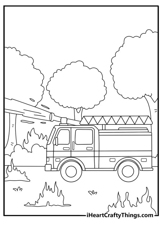 Fire truck coloring page printable pdf with forest fire response scene and tall trees