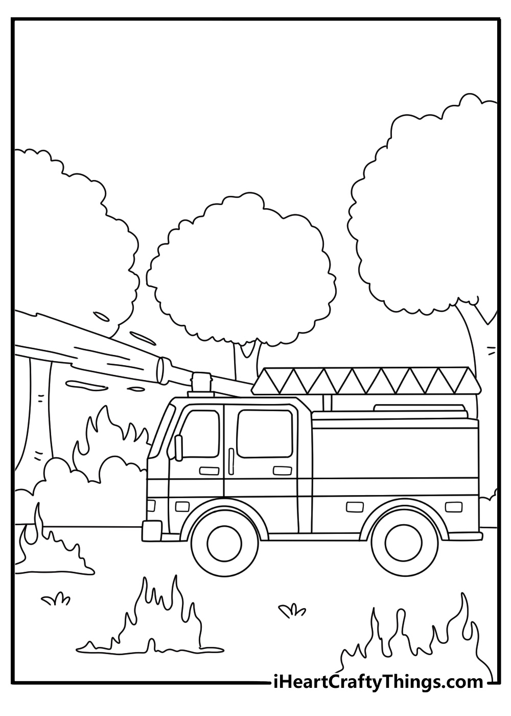 Fire truck coloring page printable pdf with forest fire response scene and tall trees