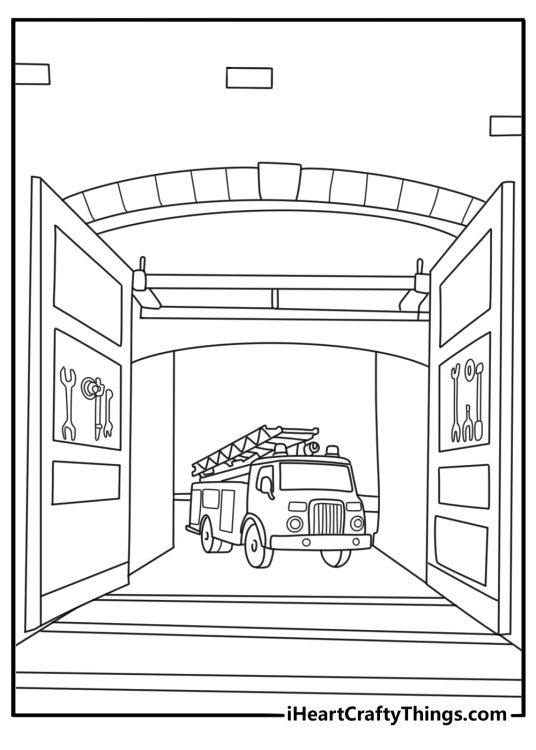 Fire truck coloring pages for kids with truck parked at fire station garage