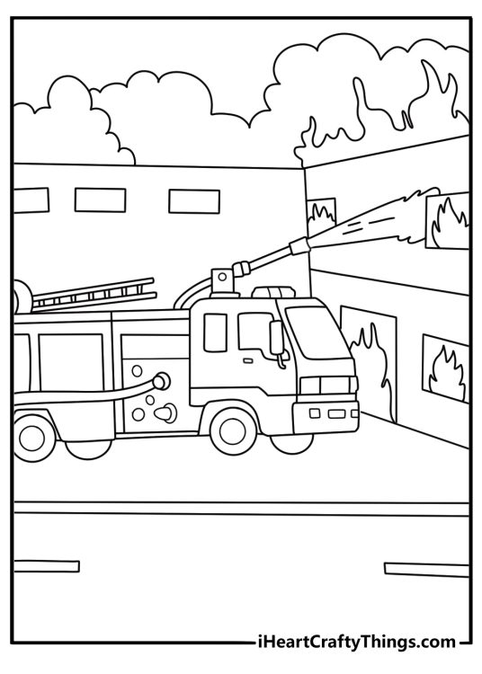 Firetruck coloring page showing truck spraying water on burning house