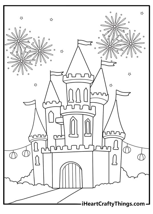 Fireworks over festival castle with lanterns night scene advanced coloring page