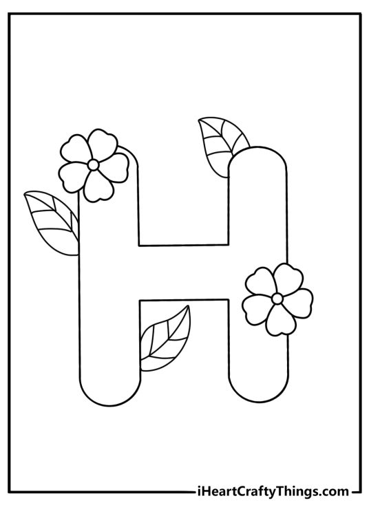 Floral letter H coloring pages for adults with leaves and blooming flowers