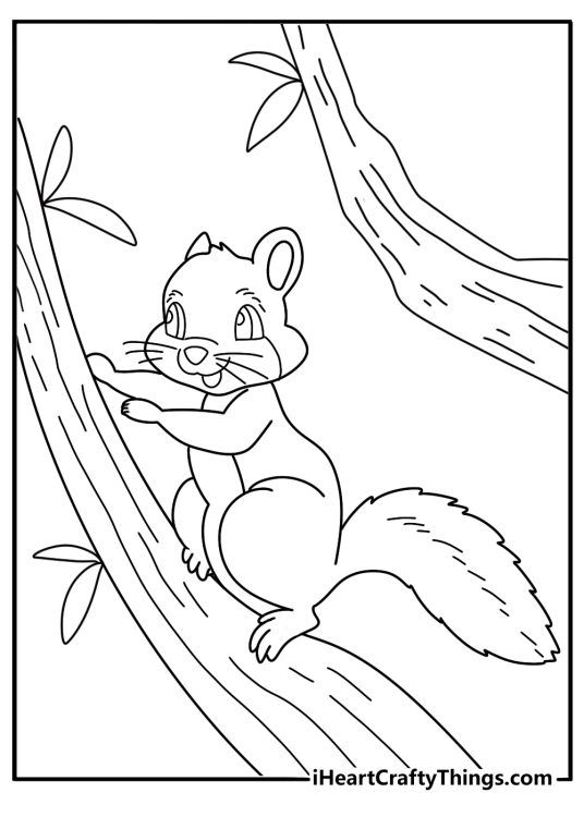 Flying squirrel coloring page with a gliding squirrel moving between forest trees