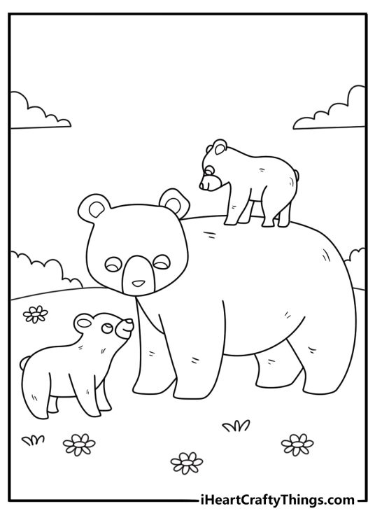 Forest animals coloring page presenting cute mama bear with two playful cubs posing in the forest