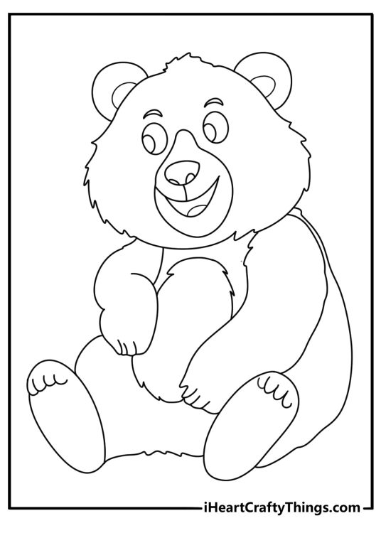 Forest animals coloring picture for children featuring adorable furry bear drawn in a cartoony style