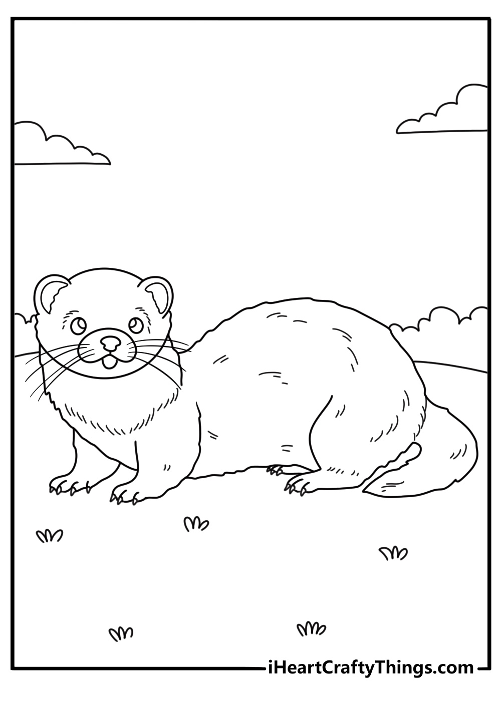 Forest animals printable showing cute ferret with some bushes in the background