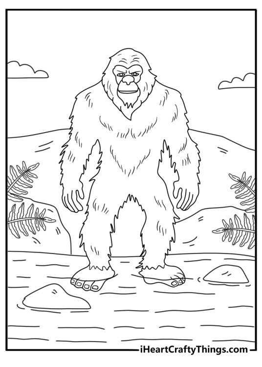 Forest creek Bigfoot scene coloring sheet for adults with rocks ferns and flowing water
