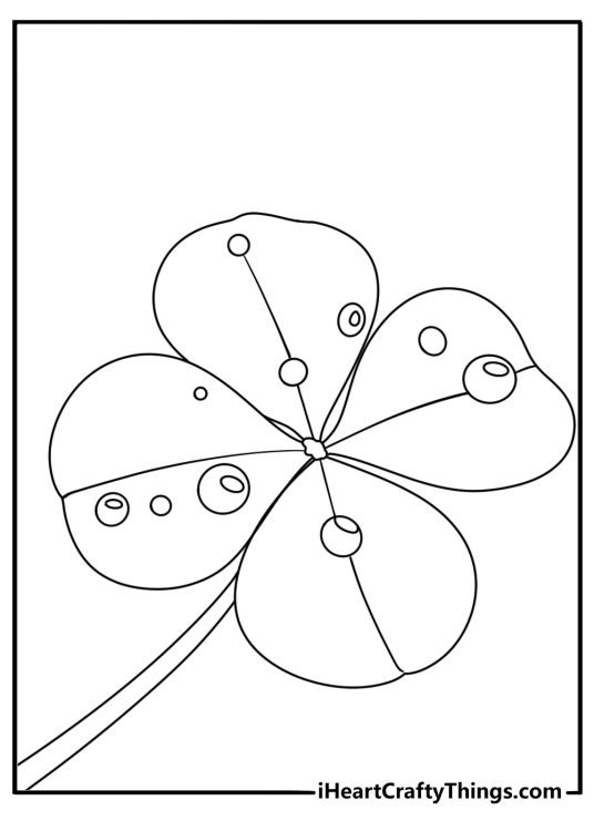 Four leaf clover with dew drops simple line art coloring page
