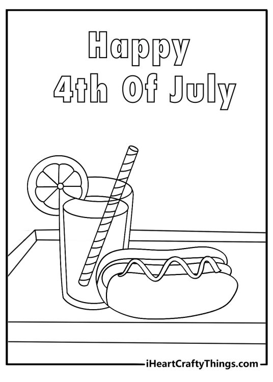 Free 4th of July coloring printable of a hot dog and lemonade on a tray