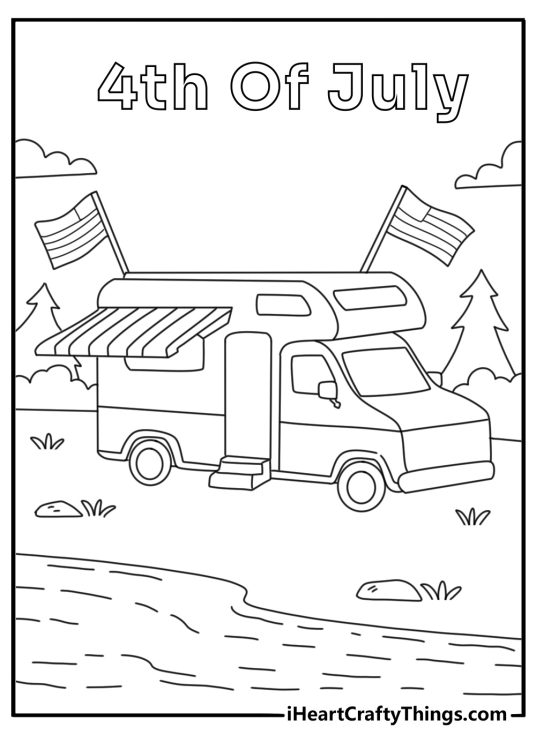 Free 4th of July printable with a camper parked by a lake and flags