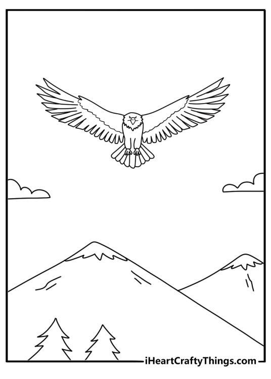 Free Bald Eagle coloring pages coloring page with an eagle flying above snow peaks