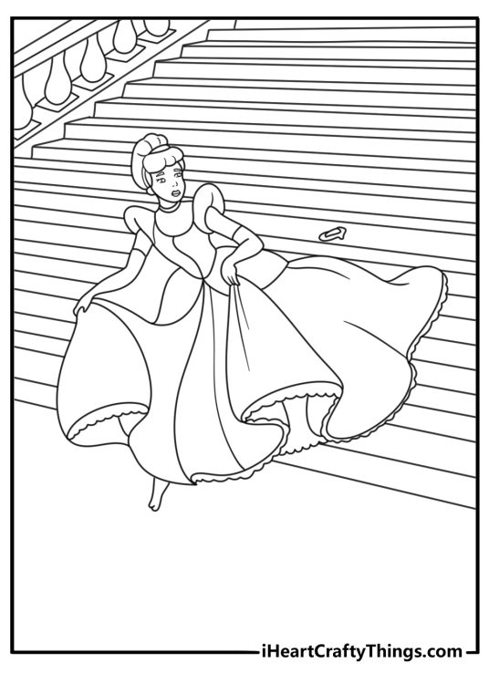Free Cinderella coloring page with Cinderella leaving one slipper on the palace steps