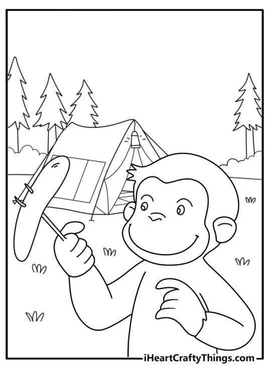 Free Curious George coloring page with George camping beside a tent and lantern