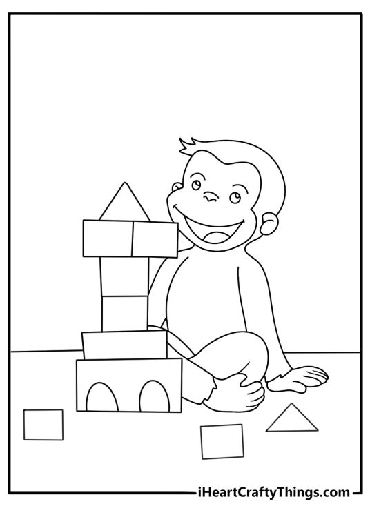 Free Curious George printable of George stacking blocks into a tall tower