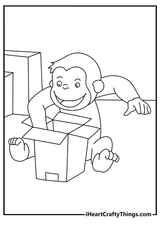 Free Curious George printable with George opening a toy box in his room