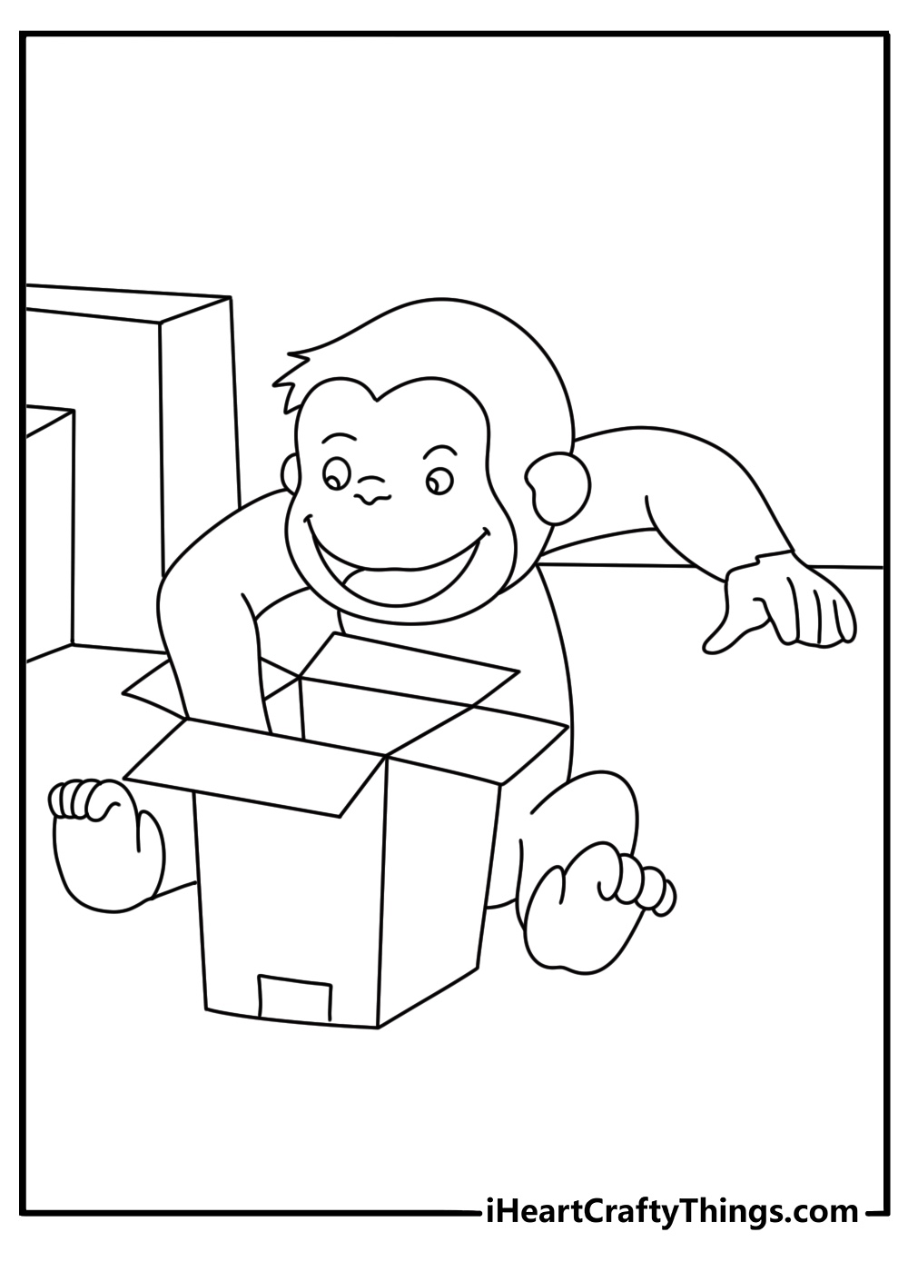 Free Curious George printable with George opening a toy box in his room