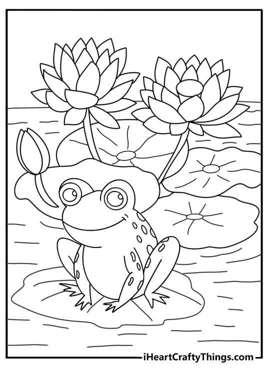 Free Frog coloring pages coloring page with a frog near lotus flowers