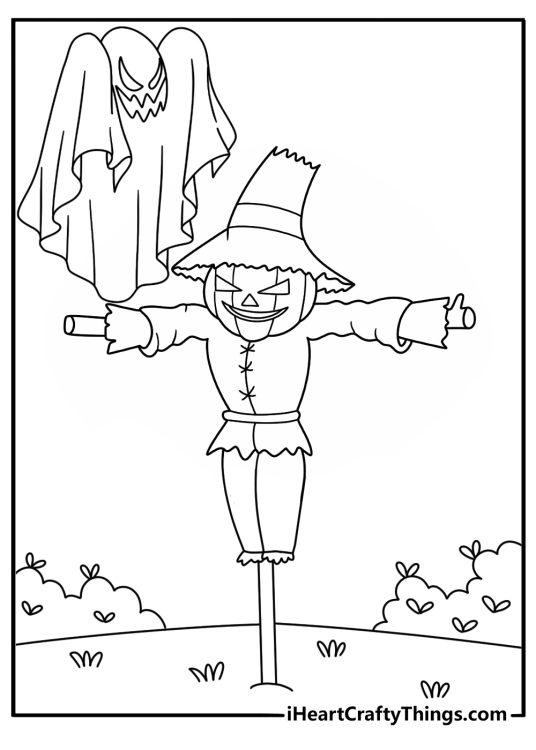 Free Halloween coloring printable featuring a ghost near a garden scarecrow