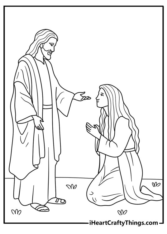 Free Jesus coloring page with Jesus appearing to Mary in a garden