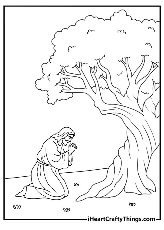 Free Jesus printable of Jesus praying in a garden beside olive trees
