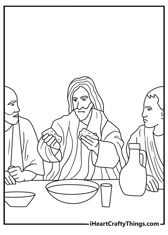 Free Jesus printable with Jesus breaking bread with disciples at a table