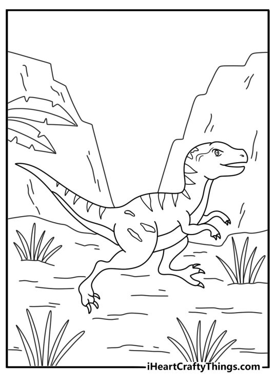 Free Jurassic Park printable of a Velociraptor pack running through tall grass