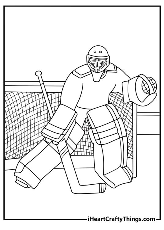 Free NHL printable showing a goalie guarding the near post