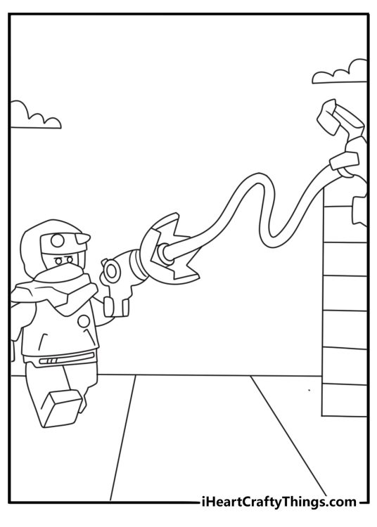 Free Ninjago coloring sheet showing Arin practicing with a grappling hook