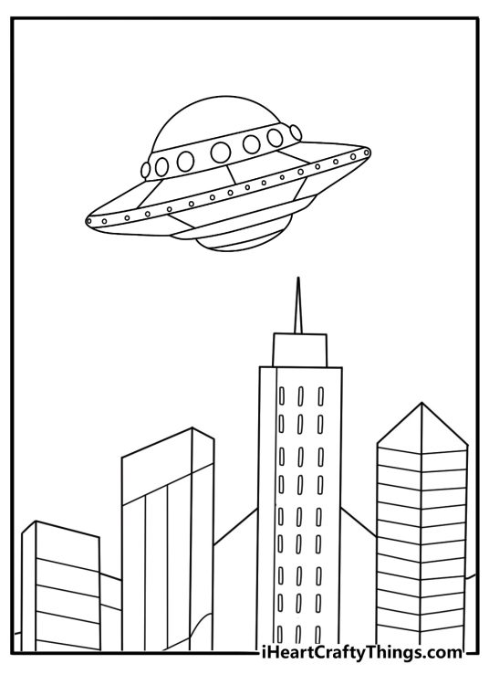 Free UFO printable featuring a flying saucer above a city skyline