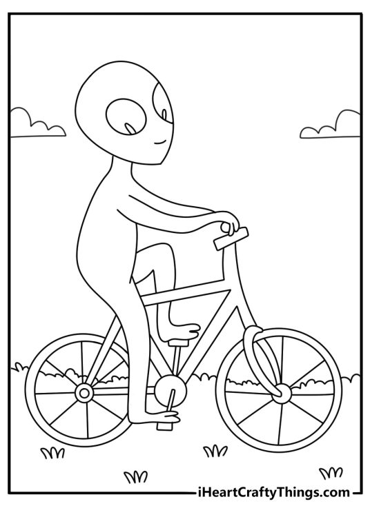 Free alien printable showing a creature examining a human bicycle