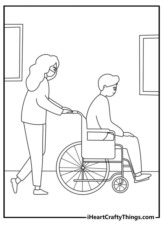 Free ambulance coloring printable with a paramedic pushing a wheelchair near a clinic