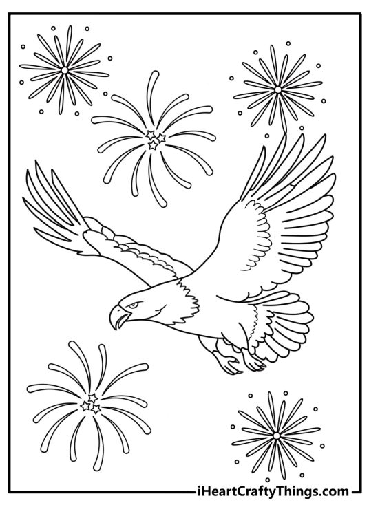 Free bald eagle coloring pages printable with an eagle over fireworks