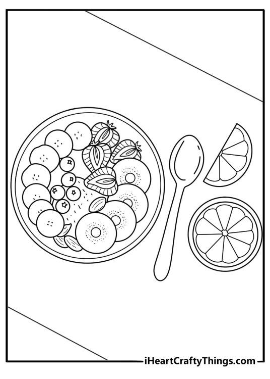 Free banana coloring sheet with sliced fruit in a breakfast bowl