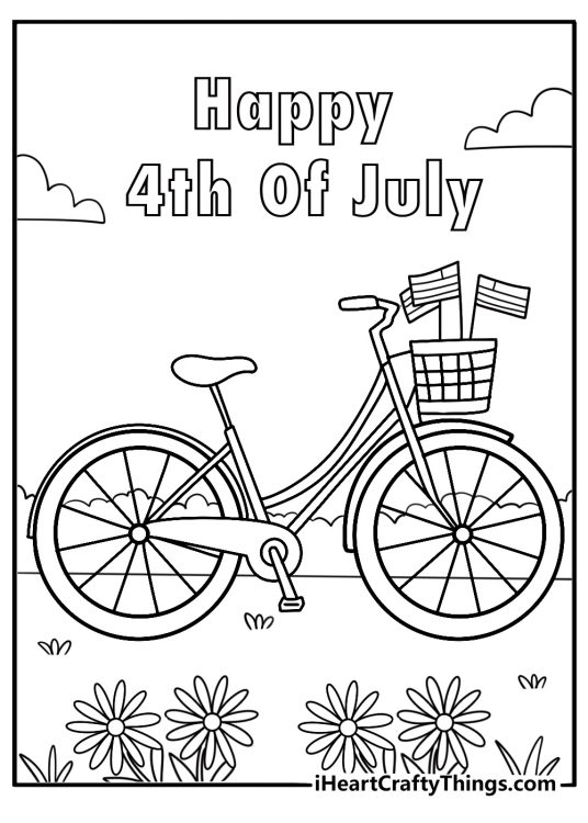 Free coloring page of a vintage bicycle with a basket of flags