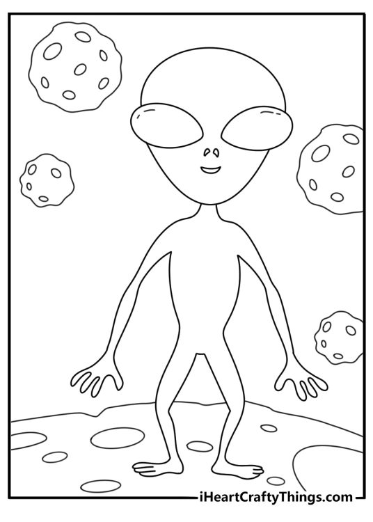 Free coloring page with a space visitor walking through an asteroid field