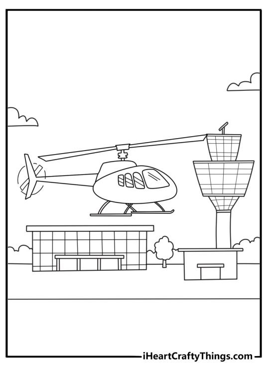 Free coloring sheet of an airport helicopter beside a control tower
