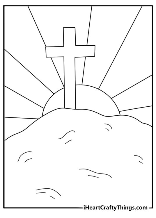 Free cross coloring page with a cross on a hill at sunrise
