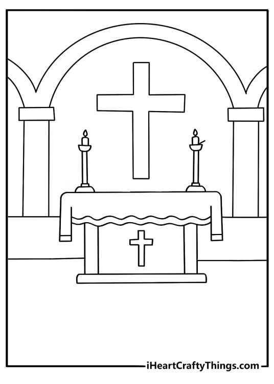 Free cross coloring pages printable with a cross over a quiet chapel