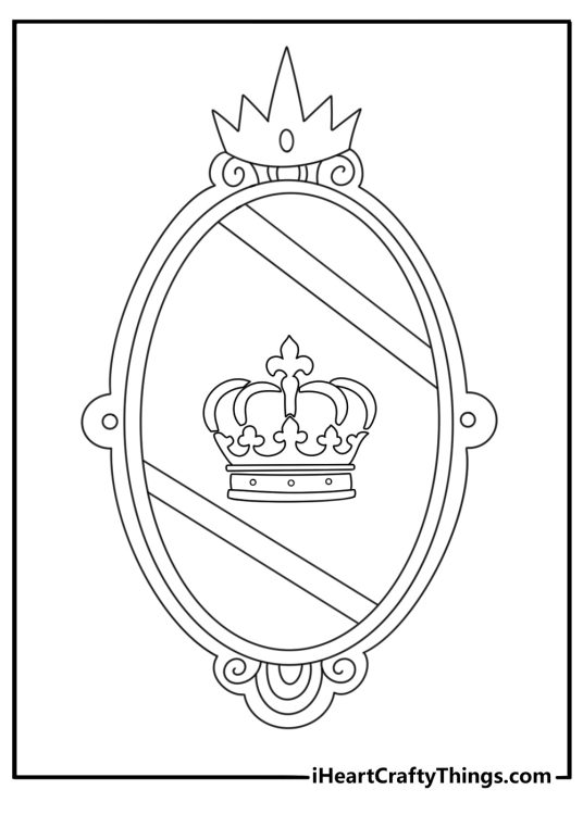 Free crown coloring printable with a crown inside an oval frame
