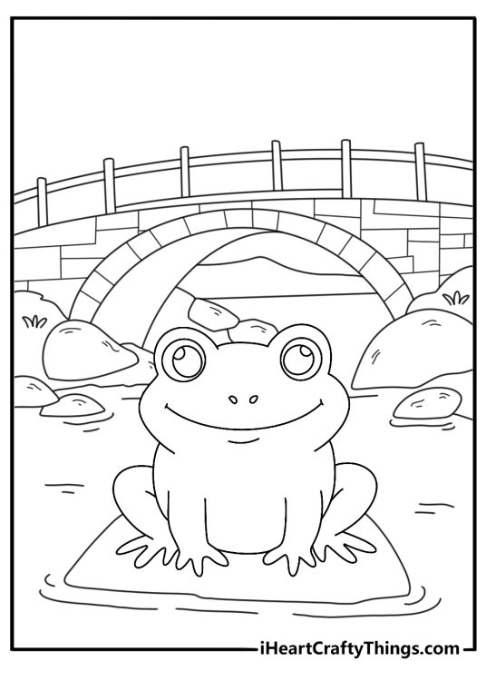 Free frog printable with a frog beside a pond bridge