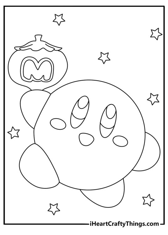 Free game printable showing Kirby beside a Maxim Tomato