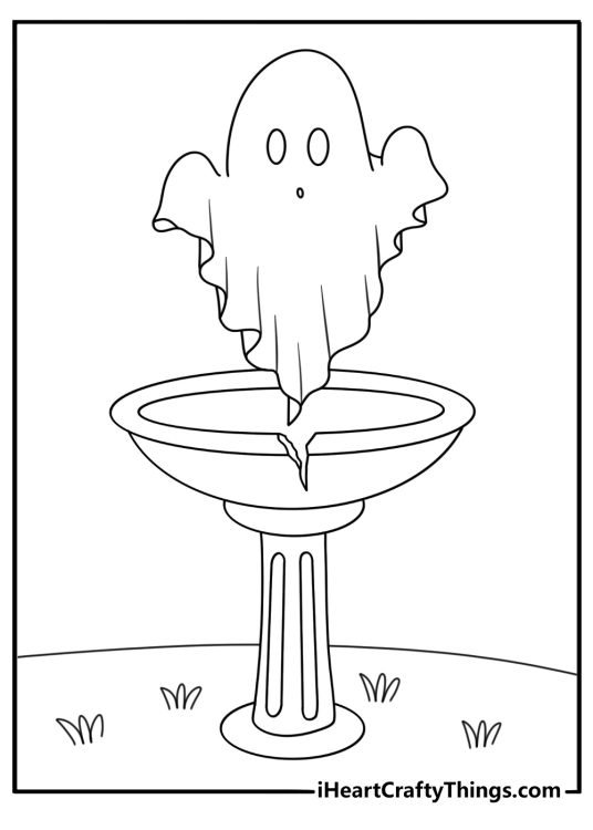 Free ghost coloring page showing a spirit beside a cracked birdbath