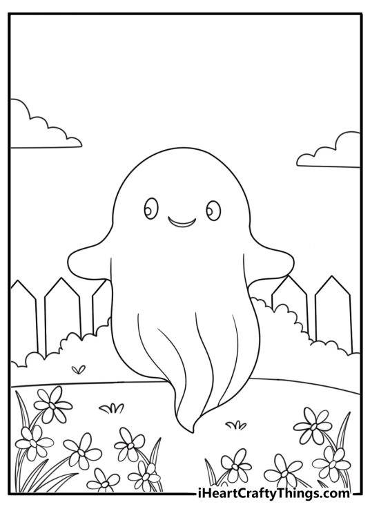 Free ghost printable featuring a sheet ghost beside a wooden fence
